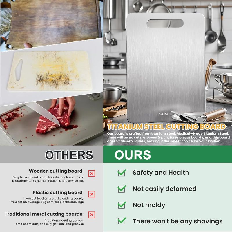 Photo 1 of 3 Pack Titanium Cutting Board, 100% Pure Titanium Cutting Boards For Kitchen, Non-Slip Chopping Board, Dishwasher Safe, Easy to Clean, Durable & Hygienic for Meat, Vegetables, Fruits (M+L+XL)
