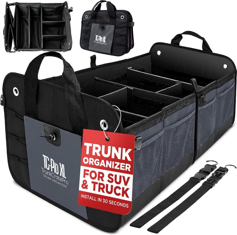 Photo 1 of TRUNKCRATEPRO - XL Trunk Organizer For SUV, Car, Truck with 6 Compartments Adjustable Collapsible Portable Non-Skid Premium Cargo Storage Truck Organizer W Straps, Heavy Loads (Extra Large, Gray)