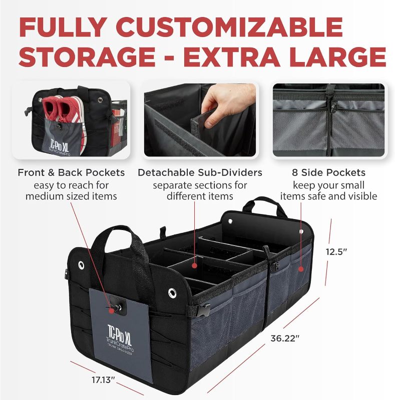 Photo 1 of TRUNKCRATEPRO - XL Trunk Organizer For SUV, Car, Truck with 6 Compartments Adjustable Collapsible Portable Non-Skid Premium Cargo Storage Truck Organizer W Straps, Heavy Loads (Extra Large, Gray)