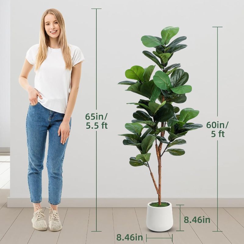 Photo 1 of 5ft Artificial Fiddle Leaf Fig Tree with LED Fairy Lights & White Planter - Lifelike Faux Ficus Lyrata Plant with Natural Trunk for Home Office Living Room Bathroom Corner Decor Indoor Outdoor