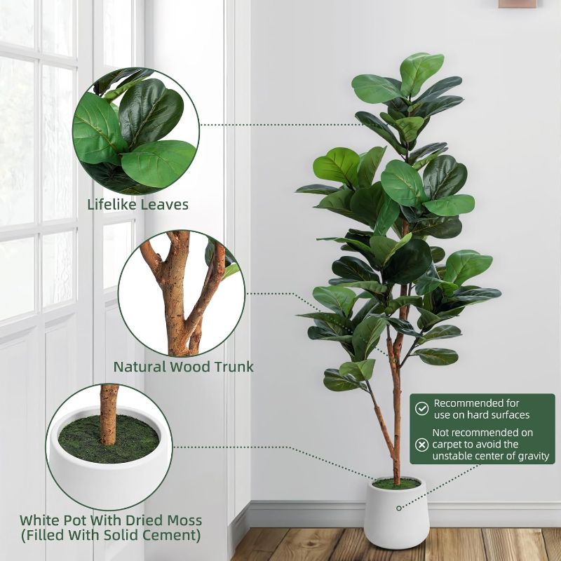 Photo 1 of 5ft Artificial Fiddle Leaf Fig Tree with LED Fairy Lights & White Planter - Lifelike Faux Ficus Lyrata Plant with Natural Trunk for Home Office Living Room Bathroom Corner Decor Indoor Outdoor
