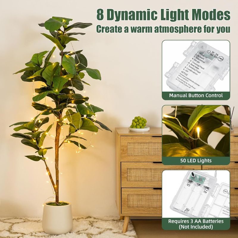 Photo 1 of 5ft Artificial Fiddle Leaf Fig Tree with LED Fairy Lights & White Planter - Lifelike Faux Ficus Lyrata Plant with Natural Trunk for Home Office Living Room Bathroom Corner Decor Indoor Outdoor