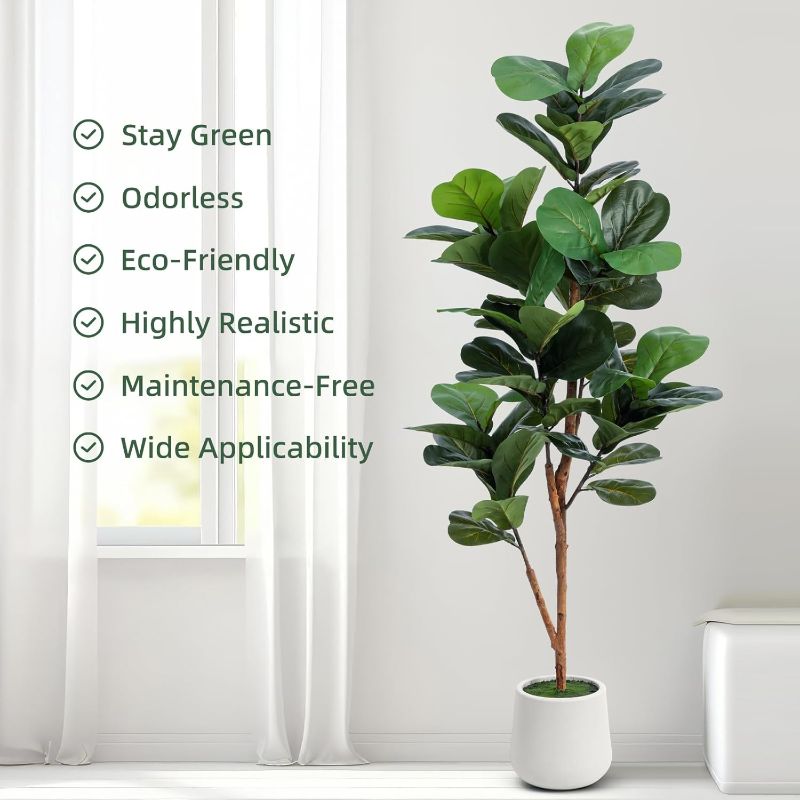 Photo 1 of 5ft Artificial Fiddle Leaf Fig Tree with LED Fairy Lights & White Planter - Lifelike Faux Ficus Lyrata Plant with Natural Trunk for Home Office Living Room Bathroom Corner Decor Indoor Outdoor