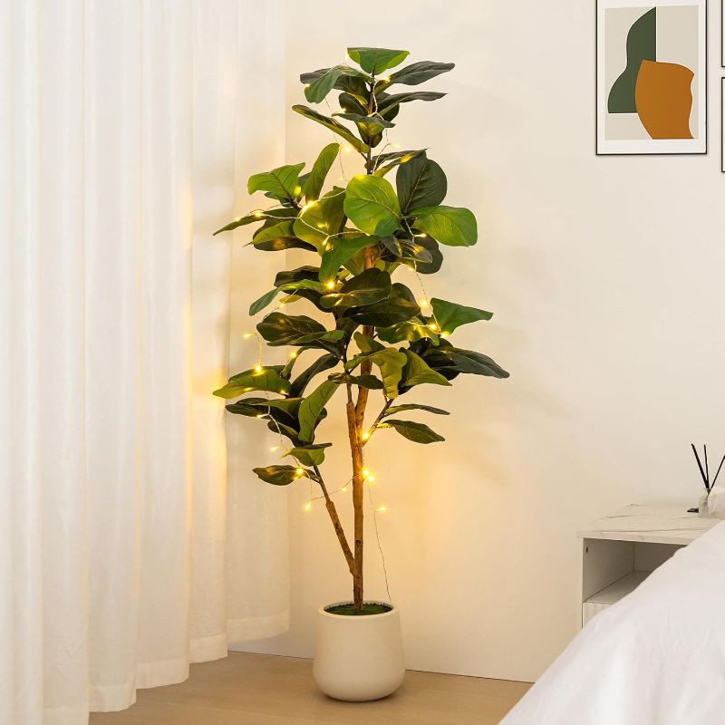 Photo 1 of 5ft Artificial Fiddle Leaf Fig Tree with LED Fairy Lights & White Planter - Lifelike Faux Ficus Lyrata Plant with Natural Trunk for Home Office Living Room Bathroom Corner Decor Indoor Outdoor