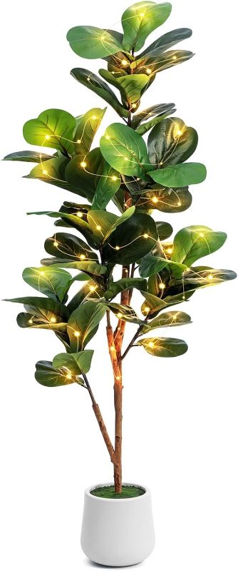 Photo 1 of 5ft Artificial Fiddle Leaf Fig Tree with LED Fairy Lights & White Planter - Lifelike Faux Ficus Lyrata Plant with Natural Trunk for Home Office Living Room Bathroom Corner Decor Indoor Outdoor