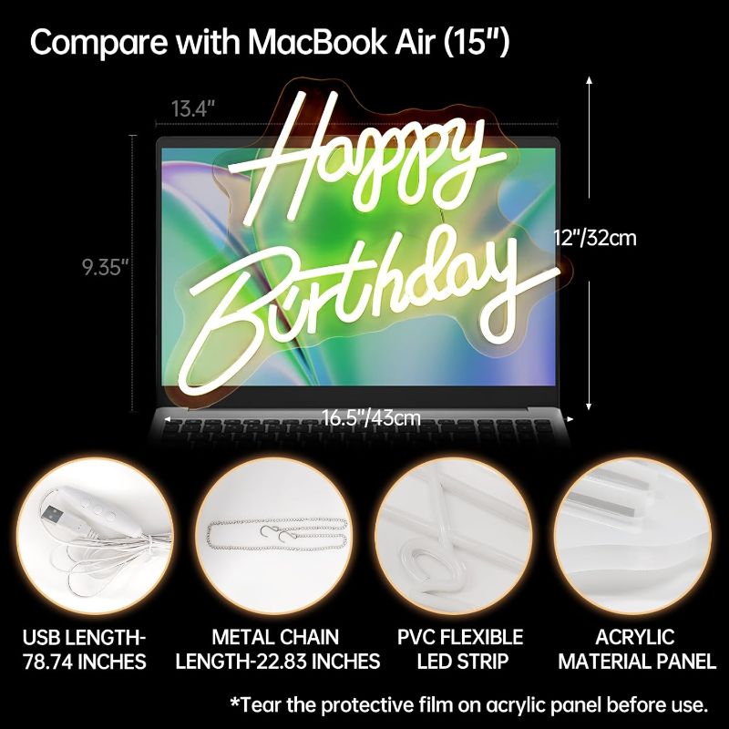 Photo 1 of Happy Birthday Neon Sign, Happy Birthday Light Up Sign, Neon Happy Birthday Sign, Happy Birthday Led Sign for Backdrop All Birthday Party Decoration USB Powered Warm White,16.5"x 12" 
