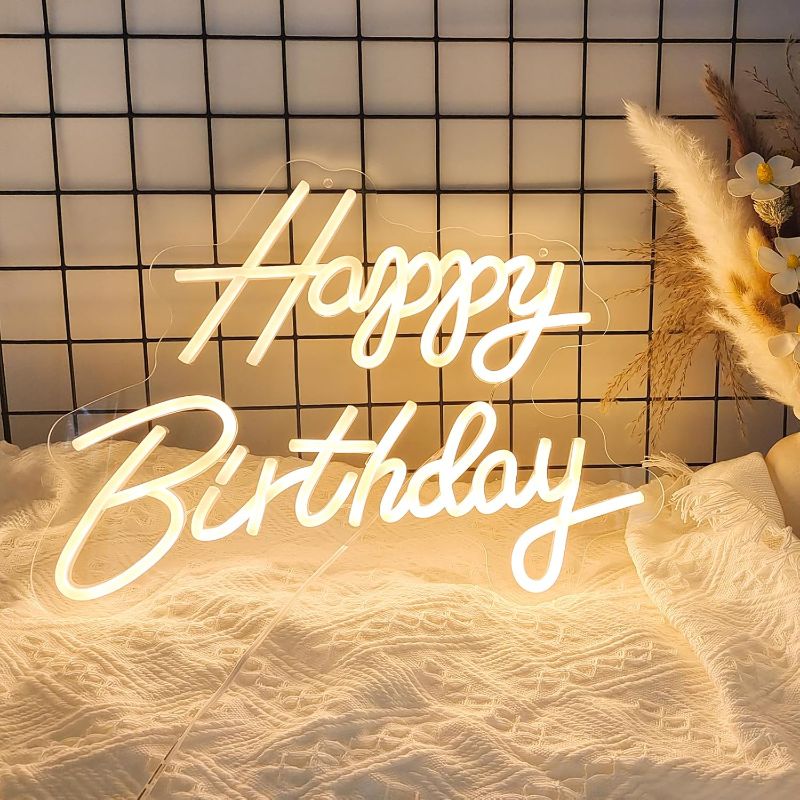 Photo 1 of Happy Birthday Neon Sign, Happy Birthday Light Up Sign, Neon Happy Birthday Sign, Happy Birthday Led Sign for Backdrop All Birthday Party Decoration USB Powered Warm White,16.5"x 12" 