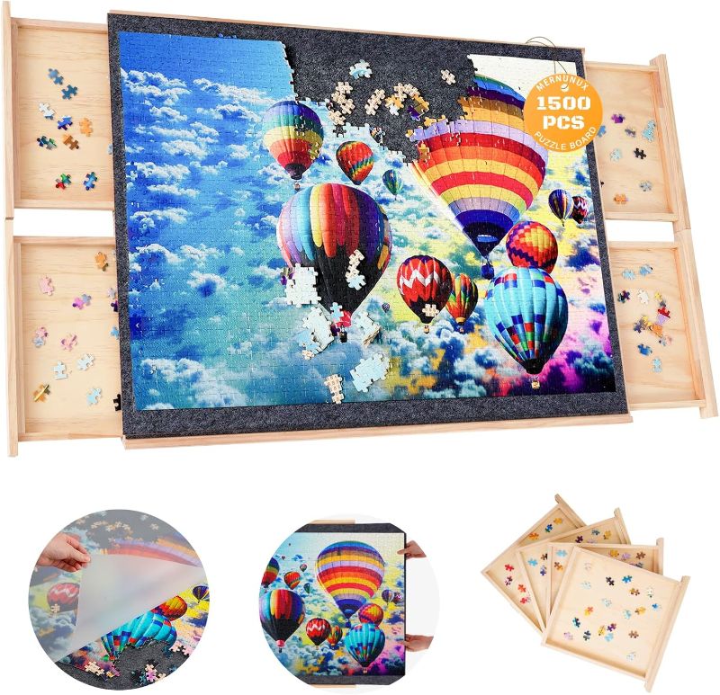 Photo 1 of 1500 Piece Rotating Puzzle Board with 4 Drawers, 27"x36" Wooden Jigsaw Puzzle Table with Cover, Portable Puzzle Board for Adults Kids Seniors