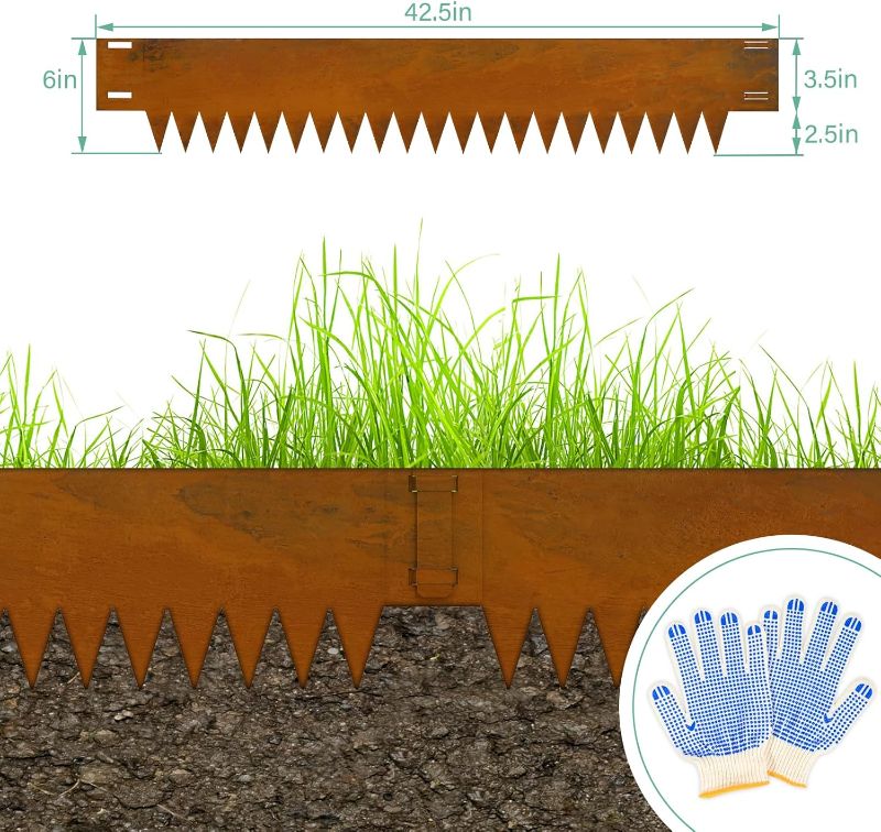 Photo 1 of Metal Landscaping Edging, 6Hx40L-Inch Cor Ten Steel Landscape Edging with 6 Clips and Gloves, 6-Pack Unique Rust-Finish Edging, for Enhanced Garden, Yard, Park, Lawn