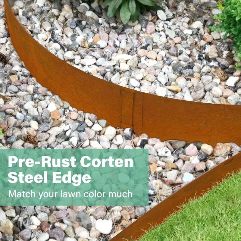 Photo 1 of Metal Landscaping Edging, 6Hx40L-Inch Cor Ten Steel Landscape Edging with 6 Clips and Gloves, 6-Pack Unique Rust-Finish Edging, for Enhanced Garden, Yard, Park, Lawn