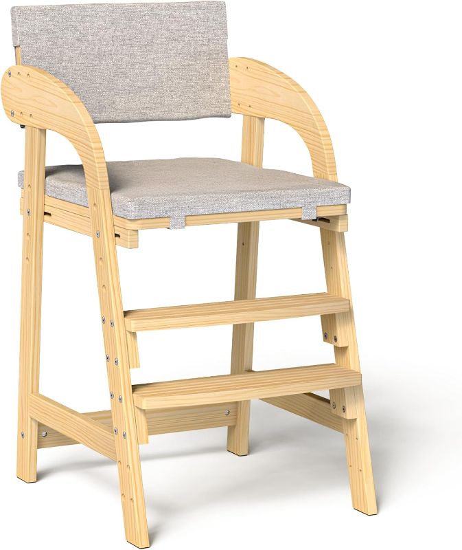 Photo 1 of Wooden High Chair, Height Adjustment for Babies and Toddlers Aged 3-12, up to 130 lbs, Widened Foot Pedal as Steps for Kids Dining & Removable Washable Cushion (Natural)