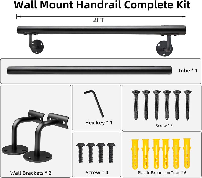 Photo 1 of 24 Inch Metal Stair Handrail Indoor- 2 FT Square Pipe Wall Mount Handrial, Outdoor Railings for Garage Porch Patio Steps, Deck Hand Rail, Iron Banister Railing