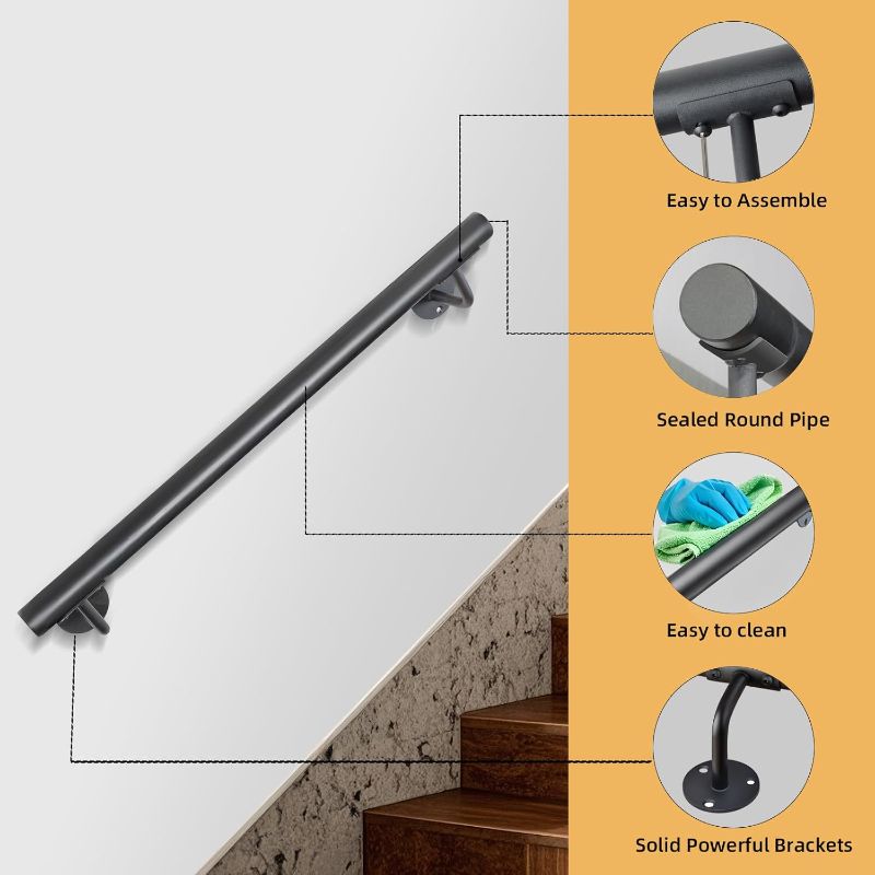 Photo 1 of 24 Inch Metal Stair Handrail Indoor- 2 FT Square Pipe Wall Mount Handrial, Outdoor Railings for Garage Porch Patio Steps, Deck Hand Rail, Iron Banister Railing