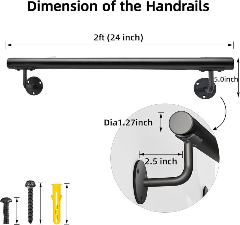 Photo 1 of 24 Inch Metal Stair Handrail Indoor- 2 FT Square Pipe Wall Mount Handrial, Outdoor Railings for Garage Porch Patio Steps, Deck Hand Rail, Iron Banister Railing