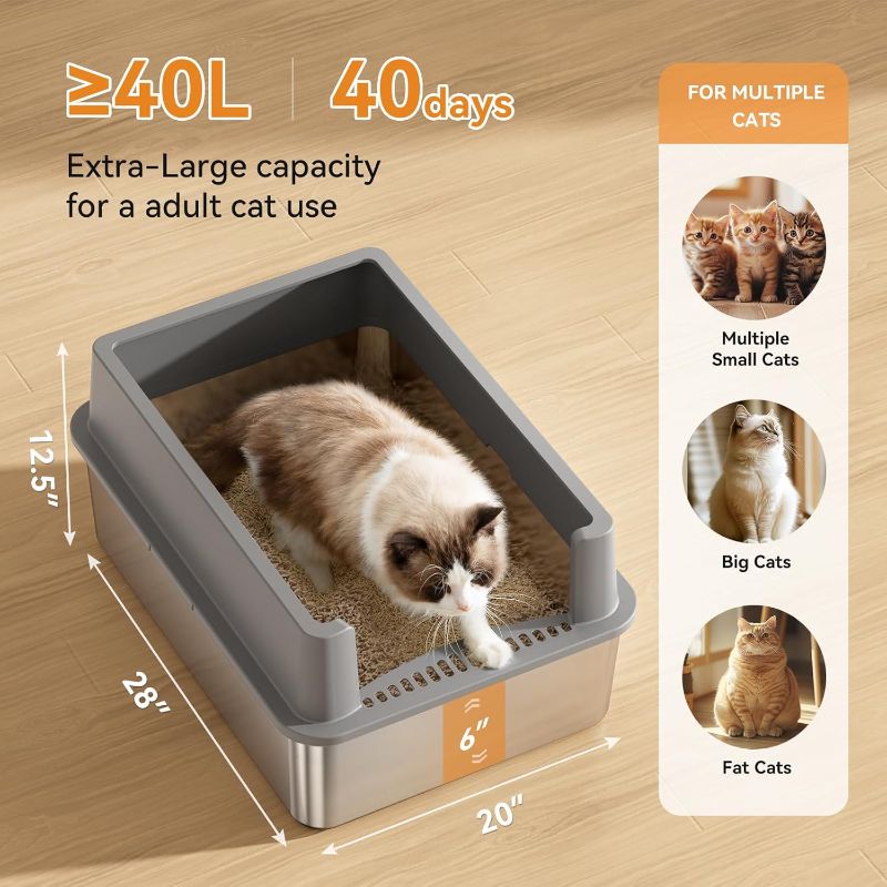 Photo 1 of 28" Extra Large XXL Stainless Steel Cat Litter Boxes with Lid Metal Cat Litterbox Pan for Big Cats and Multiple Cats, Anti-Leakage, Easy Cleaning, Include Scoop