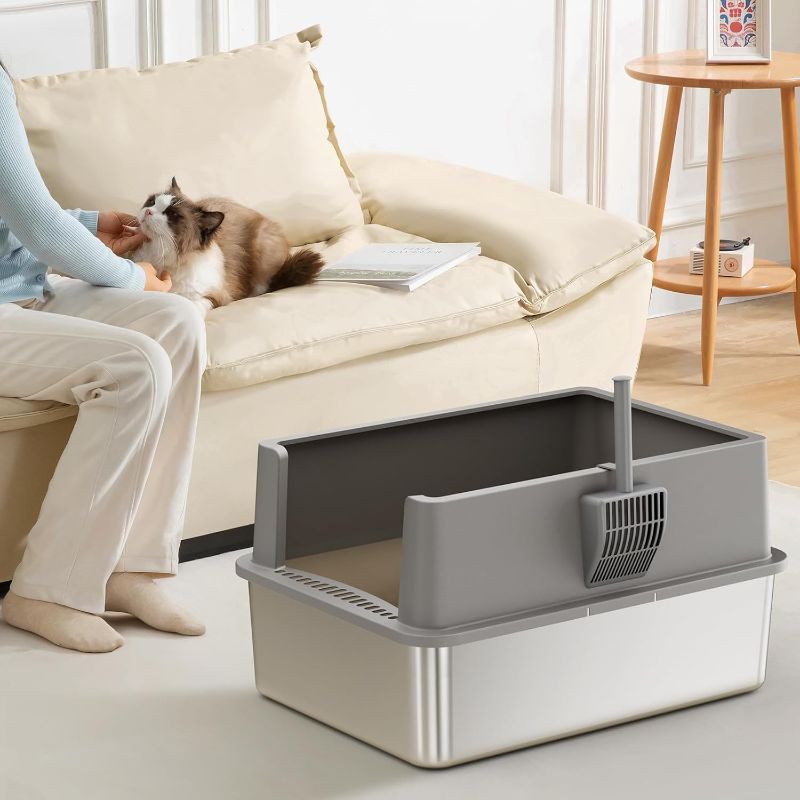 Photo 1 of 28" Extra Large XXL Stainless Steel Cat Litter Boxes with Lid Metal Cat Litterbox Pan for Big Cats and Multiple Cats, Anti-Leakage, Easy Cleaning, Include Scoop