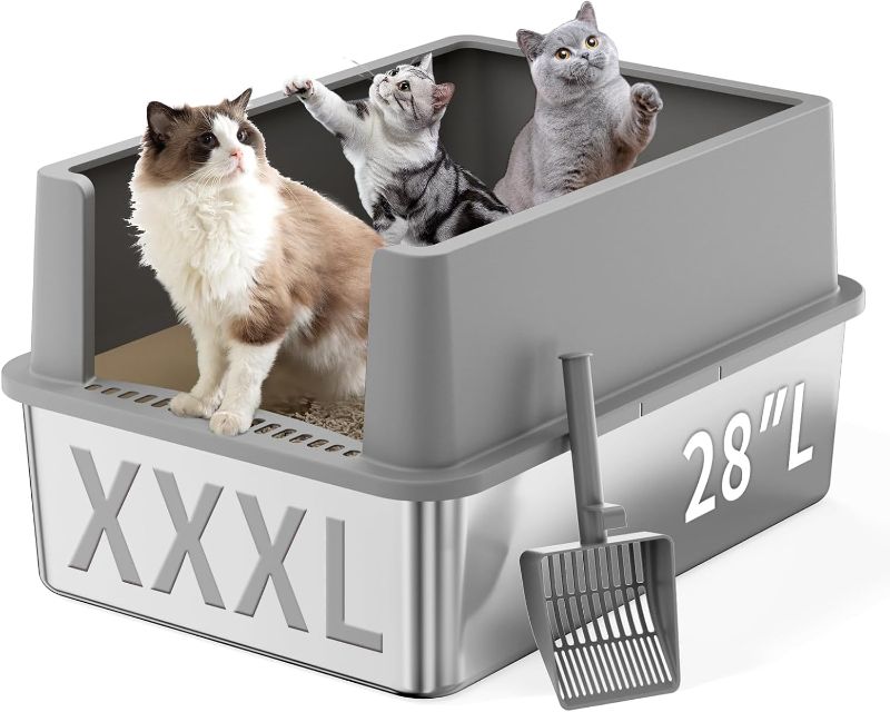 Photo 1 of 28" Extra Large XXL Stainless Steel Cat Litter Boxes with Lid Metal Cat Litterbox Pan for Big Cats and Multiple Cats, Anti-Leakage, Easy Cleaning, Include Scoop