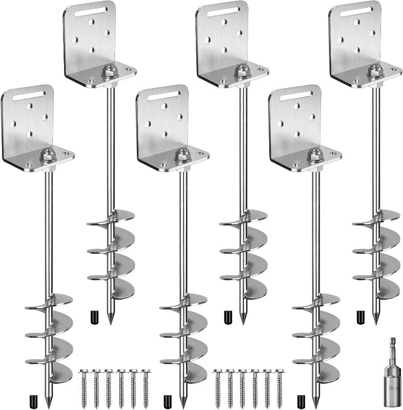 Photo 1 of 6 Pack 24" Ground Anchors Screw in Trampoline Stakes Anchors Kits 2.7" Wide Spiral Fence Earth Anchor Set with L Bracket Playset Anchor Mobile Home Anchors for Swing Set, Tent, Shed, Canopy, Carport