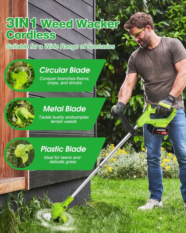 Photo 1 of Electric  Wacker Cordless, with 2Pcs 4000mAh Batteries, 21V Cordless Brush Cutter, Lightweight Weed Cordless Eater Battery Powered, Stringless Grass Trimmer, 3 Types Blades (Green)