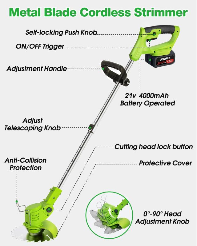 Photo 1 of Electric  Wacker Cordless, with 2Pcs 4000mAh Batteries, 21V Cordless Brush Cutter, Lightweight Weed Cordless Eater Battery Powered, Stringless Grass Trimmer, 3 Types Blades (Green)