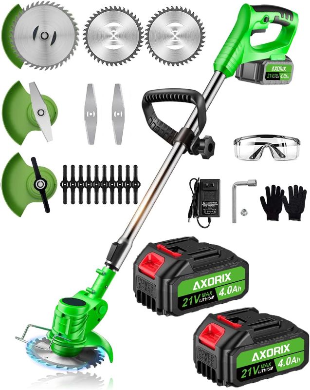 Photo 1 of Electric  Wacker Cordless, with 2Pcs 4000mAh Batteries, 21V Cordless Brush Cutter, Lightweight Weed Cordless Eater Battery Powered, Stringless Grass Trimmer, 3 Types Blades (Green)