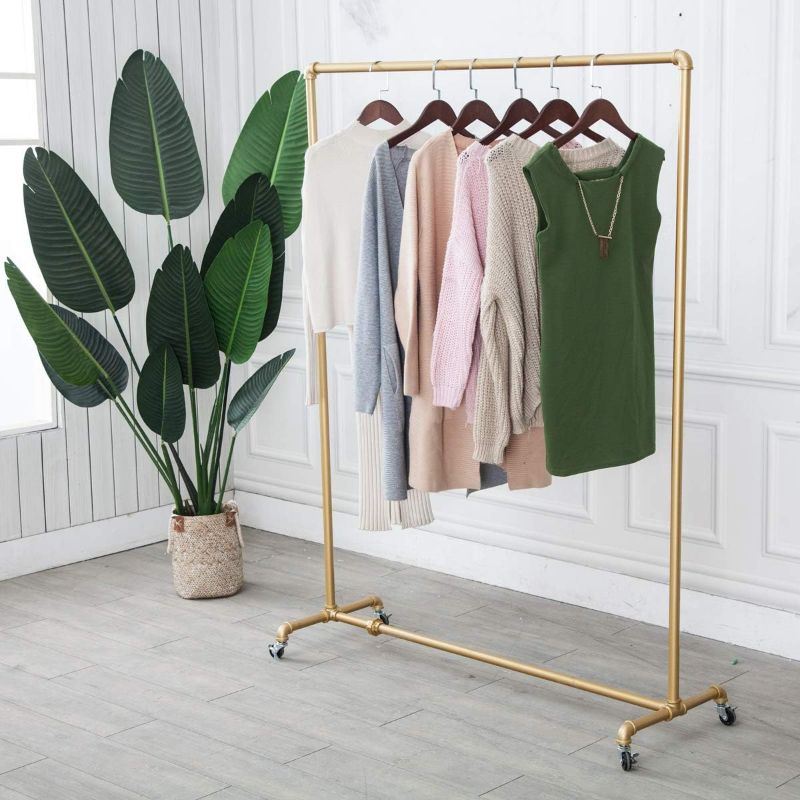 Photo 1 of Gold,1",47"Wx63"Tx16"D)Industrial Pipe Clothing Rack,Vintage Commercial Grade Pipe Clothes Racks,Rolling Rack for Hanging Clothes Retail Display,Heavy Duty Steampunk Iron Ballet Garment Racks