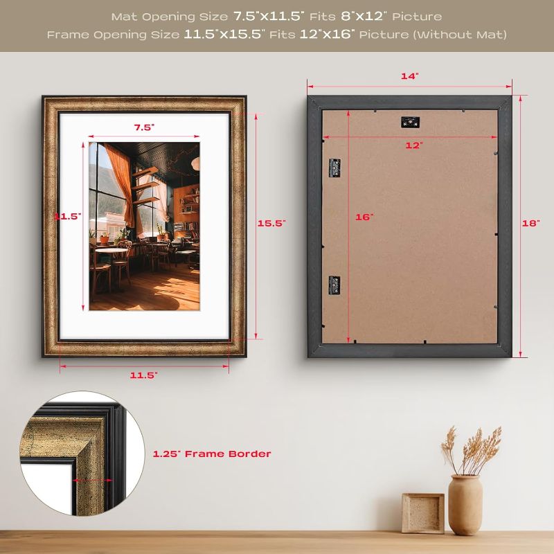Photo 1 of Golden State Art, 12x16 Black Trim Gold Frame - White Mat for 8x12 Photo - Vintage Antique Style - Brushed Texture Finish - Wall Mounting - Portrait/Landscape - Tempered Glass