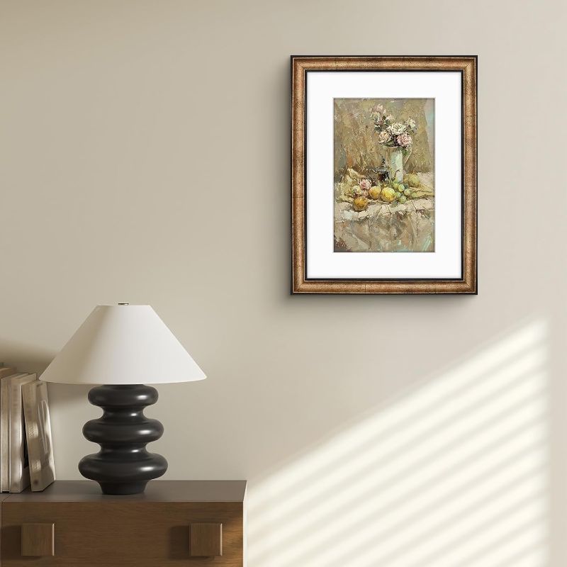 Photo 1 of Golden State Art, 12x16 Black Trim Gold Frame - White Mat for 8x12 Photo - Vintage Antique Style - Brushed Texture Finish - Wall Mounting - Portrait/Landscape - Tempered Glass