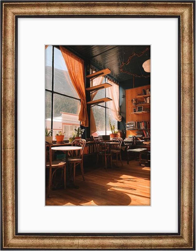 Photo 1 of Golden State Art, 12x16 Black Trim Gold Frame - White Mat for 8x12 Photo - Vintage Antique Style - Brushed Texture Finish - Wall Mounting - Portrait/Landscape - Tempered Glass