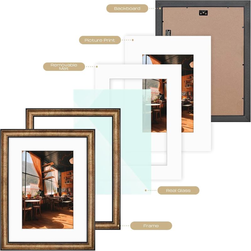 Photo 1 of Golden State Art, 12x16 Black Trim Gold Frame - White Mat for 8x12 Photo - Vintage Antique Style - Brushed Texture Finish - Wall Mounting - Portrait/Landscape - Tempered Glass