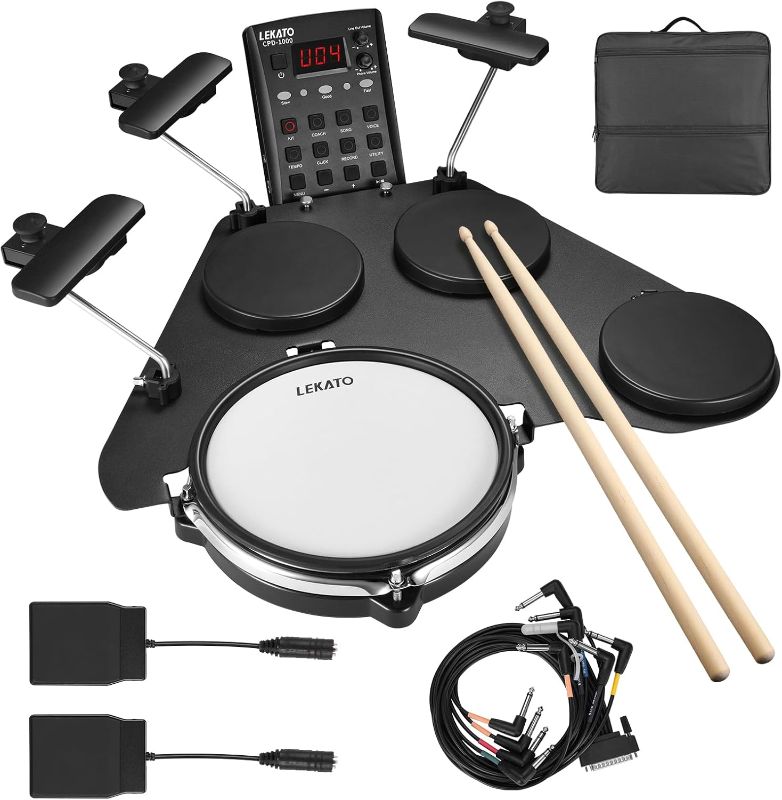 Photo 1 of LEKATO Electronic Drum Set, Portable Electric Drum Set for Beginner with Quiet Mesh Snare Drum Pads, 220+ Sounds, USB MIDI, 2 Switch Pedal, Electric Drum Kit with Travel Bag.