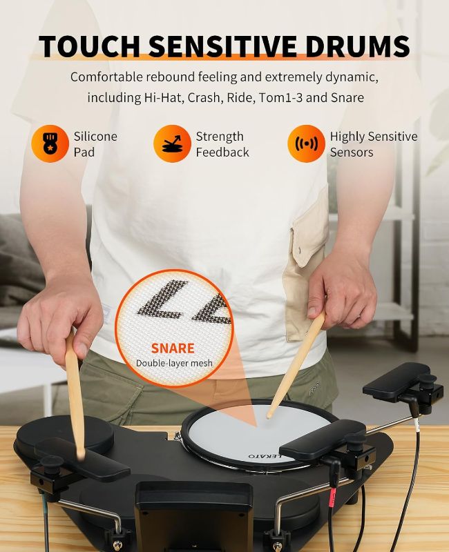 Photo 1 of LEKATO Electronic Drum Set, Portable Electric Drum Set for Beginner with Quiet Mesh Snare Drum Pads, 220+ Sounds, USB MIDI, 2 Switch Pedal, Electric Drum Kit with Travel Bag.