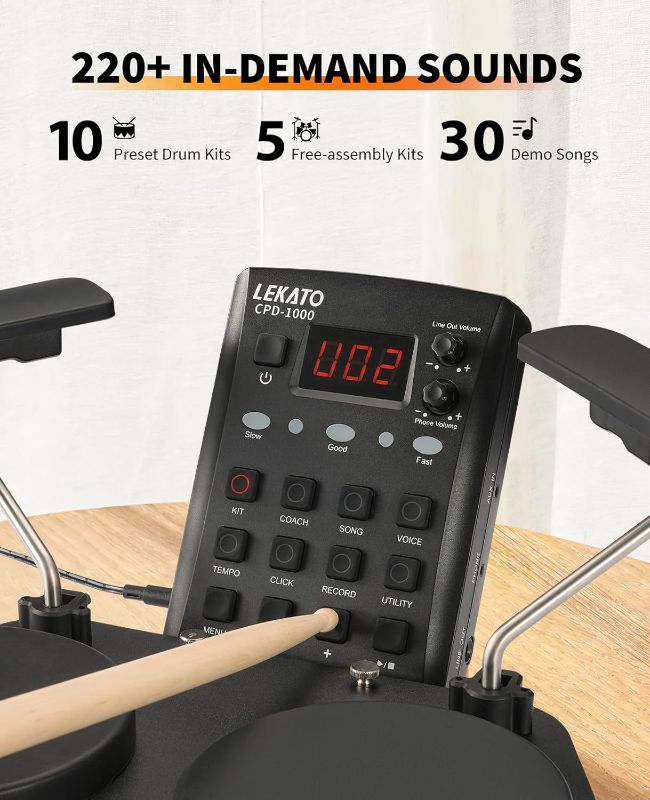 Photo 1 of LEKATO Electronic Drum Set, Portable Electric Drum Set for Beginner with Quiet Mesh Snare Drum Pads, 220+ Sounds, USB MIDI, 2 Switch Pedal, Electric Drum Kit with Travel Bag.