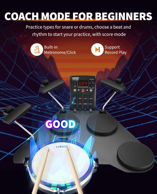 Photo 1 of LEKATO Electronic Drum Set, Portable Electric Drum Set for Beginner with Quiet Mesh Snare Drum Pads, 220+ Sounds, USB MIDI, 2 Switch Pedal, Electric Drum Kit with Travel Bag.