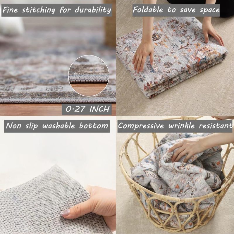 Photo 1 of Area Rug 6x9 Washable Rug Gray Vintage Traditional Floor Cover Thin Rug Retro Kitchen Indoor Distressed Non Slip Carpet Floral Print Mat Living Room Bedroom Dining Room