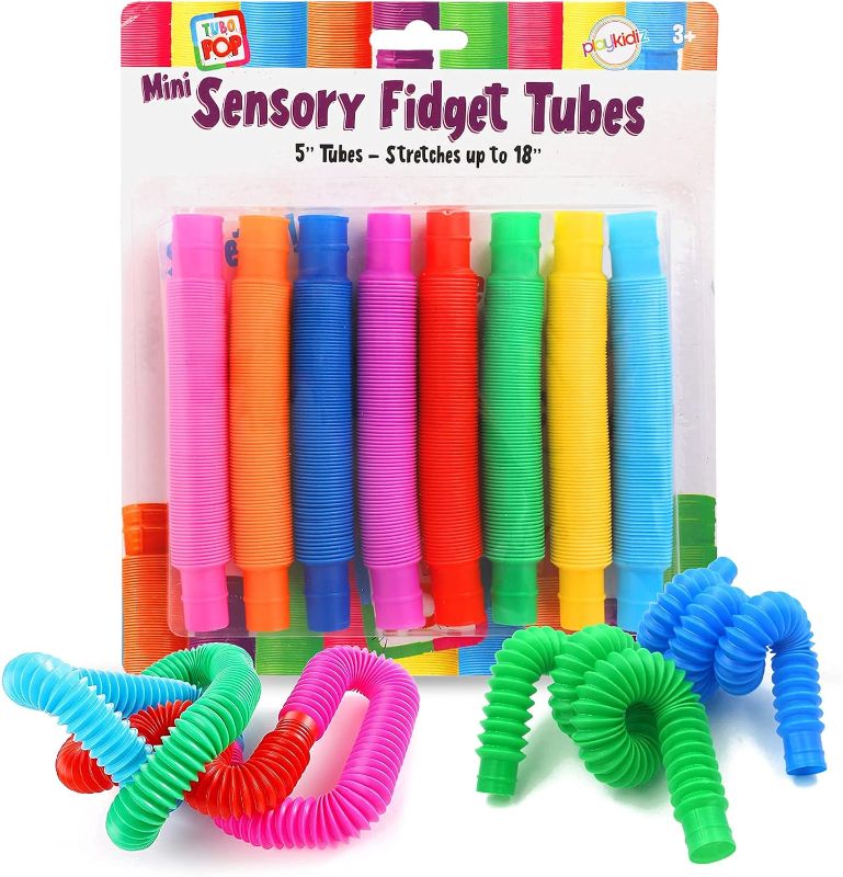 Photo 1 of Pop Tubes, 12 Pack Mini 5" Sensory Fidget Tubes, Stretch Up to 18" Long, Stress Reliever Pipe Toy, Popular Plastic Fidget Tubes for Boys and Girls, Ages 3+