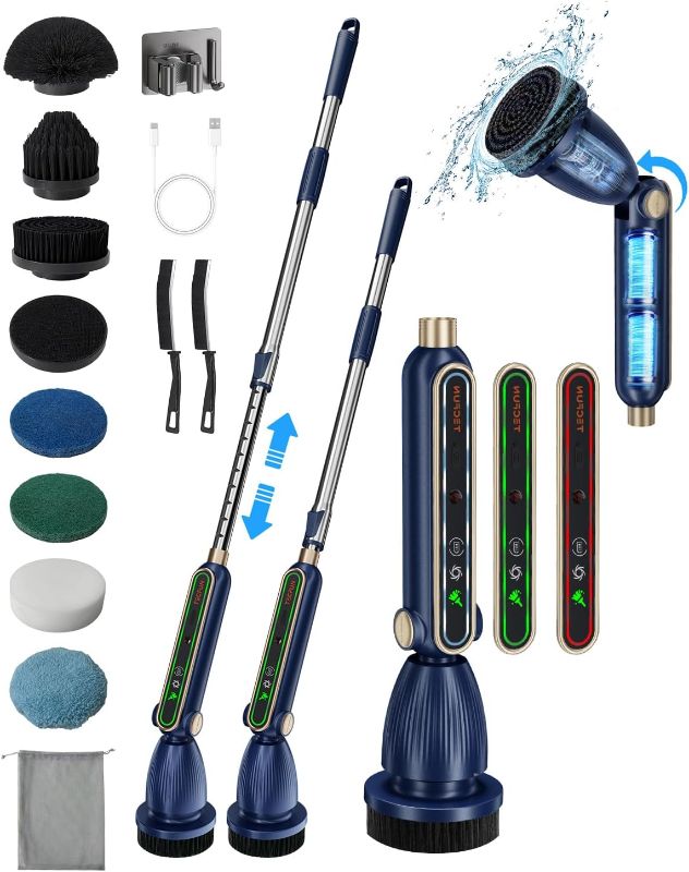 Photo 1 of Electric Spin Scrubber 16 in 1 Cleaning Brush with Adjustable Angles & Heads, Bathroom Power Scrubber with Extendable Handle, Interactive LED, Cleaning Supplies for Toilet,Kitchen,Shower-Blue