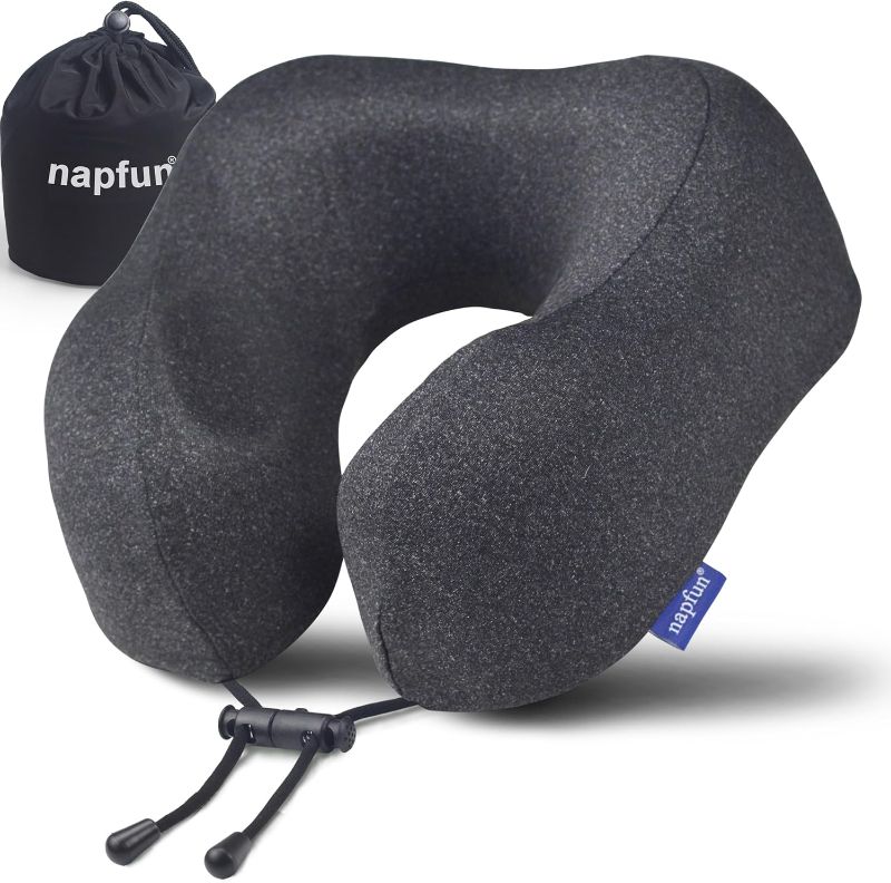 Photo 1 of napfun Travel Pillow, Travel Accessories & Travel Essentials for Airplane Upgraded 100% Pure Memory Foam Travel Neck Pillow for Flight Headrest Sleep, Portable Plane Necessities, Full Black