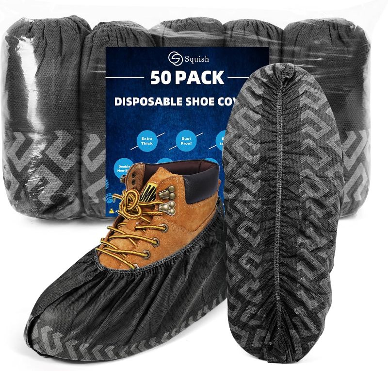 Photo 1 of squish Boot Covers Disposable Non Slip, Black Durable Shoe Covers Disposable for Indoors, 50 Pack Anti-Slip Shoe Booties Breathable Thick Non-Woven Fabric Protector Covers Fits Up to 13 Size