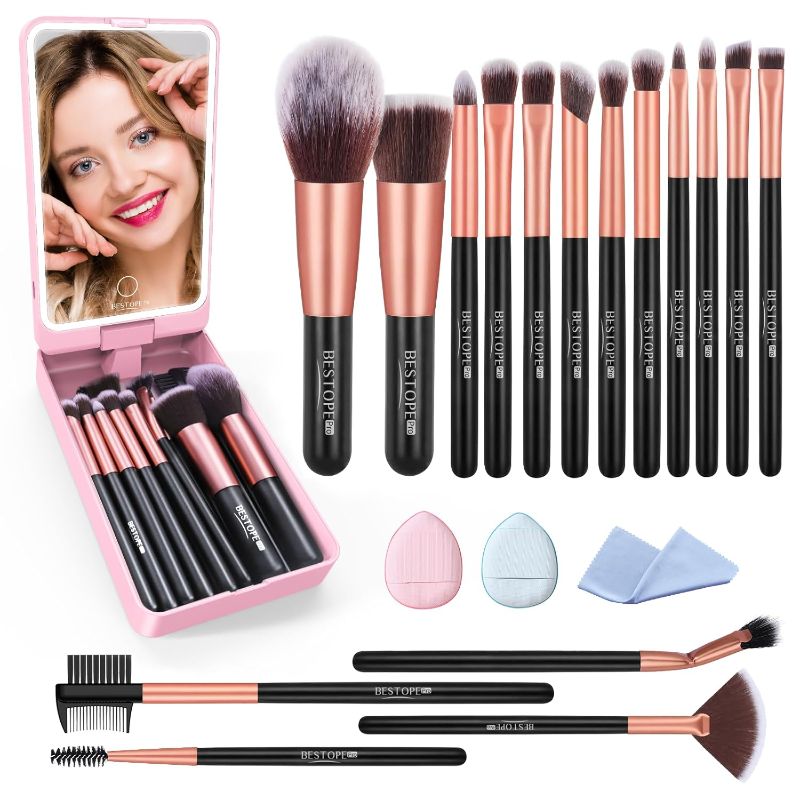 Photo 1 of Makeup Brushes with Case, 20PCs Travel Makeup Brush Set, Foundation Concealer Blush Eyeshadow Brush Set Contour Powder Eyebrow Eyelash Brush Kit with Led Light Mirror Holder & 2 Powder Puff-Rose Gold
