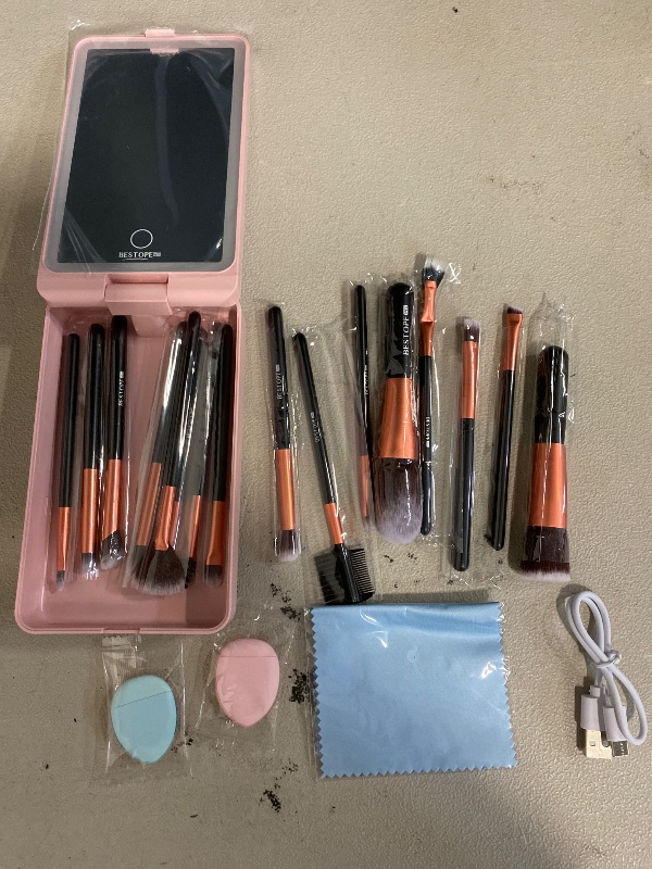 Photo 1 of Makeup Brushes with Case, 20PCs Travel Makeup Brush Set, Foundation Concealer Blush Eyeshadow Brush Set Contour Powder Eyebrow Eyelash Brush Kit with Led Light Mirror Holder & 2 Powder Puff-Rose Gold