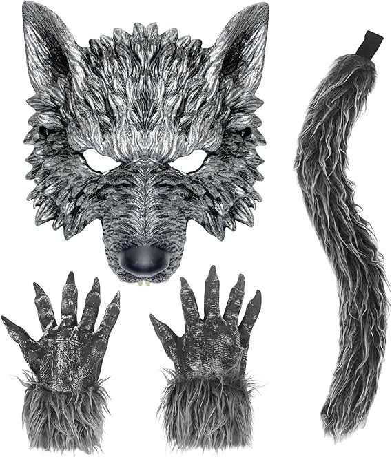 Photo 1 of HyperFun Werewolf Costume Halloween Wolf Mask Gloves and Tails Set, Realistic Wolf Costume Cosplay Accessories Kit