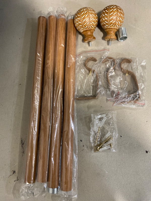 Photo 1 of 2 Pack Wood Curtain Rods for Windows 48 to 84 Inch,1'' Diameter Drapery Rods with Imitation Wood Grain Leaf Pattern Finials,Boho Adjustable Heavy Duty Curtain Rods Set,36-88'',Color:Natural Wood