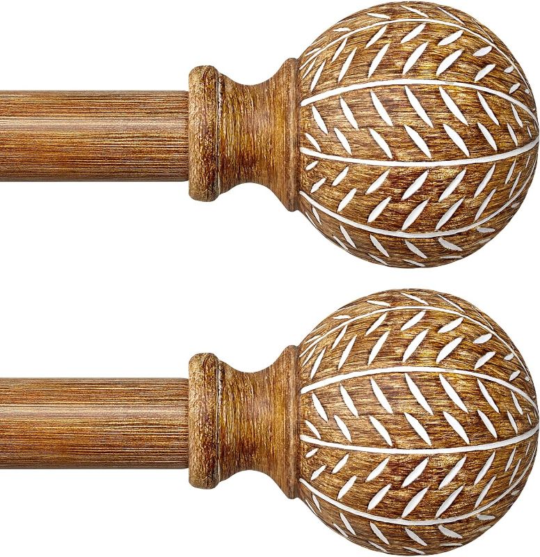 Photo 1 of 2 Pack Wood Curtain Rods for Windows 48 to 84 Inch,1'' Diameter Drapery Rods with Imitation Wood Grain Leaf Pattern Finials,Boho Adjustable Heavy Duty Curtain Rods Set,36-88'',Color:Natural Wood