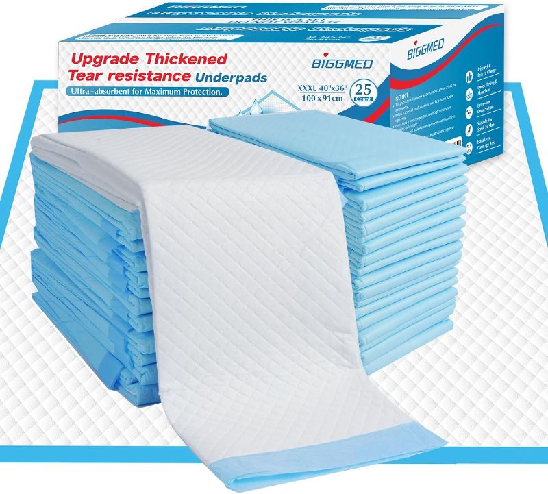 Photo 1 of Tear-Resistant Incontinence Bed Pads 40'' x 36'' 130 Gram Heavy Duty (25 Count) Disposable Underpads Chucks Pads for Adults, Kids & Elderly | Protection Pads for Bed, Sofa, and Chair
