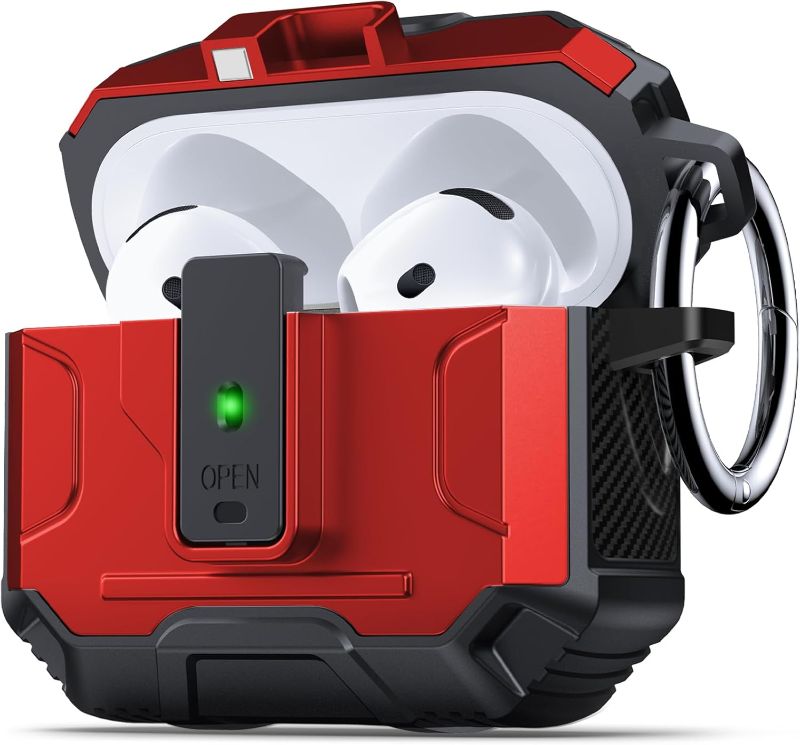 Photo 1 of Armor Earphone Cover Case for Airpods 4 Generation, Military Grade Full Body Shockproof Protection Hard Case, Support Wireless Charging with Keychain, Magnetic Lid, Front LED Visible, Red