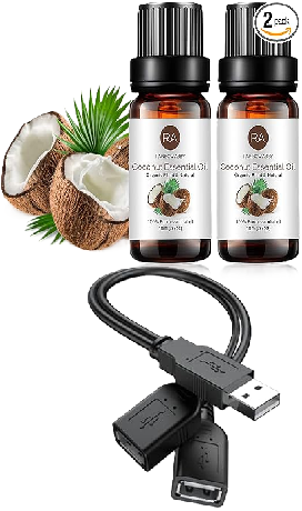 Photo 1 of RAINBOW ABBY 2-Pack Coconut Essential Oil, Pure, Undiluted, Therapeutic Grade Coconut Oil - 2x10 mL + USB 2.0 A Male to 2 Dual USB Female Jack Y Splitter Hub Power Cord Extension Adapter Cable(Not Supporting CarPlay and Android Auto)