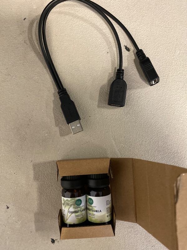 Photo 1 of RAINBOW ABBY 2-Pack Coconut Essential Oil, Pure, Undiluted, Therapeutic Grade Coconut Oil - 2x10 mL + USB 2.0 A Male to 2 Dual USB Female Jack Y Splitter Hub Power Cord Extension Adapter Cable(Not Supporting CarPlay and Android Auto)
