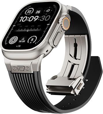 Photo 1 of Watch Band for Apple Watch Ultra 2 Band 49mm 46mm 45mm 44mm, Men Luxury Rugged Silicone Rubber Strap with Metal Connector & Folding Clasp for iWatch Series 10 9 8 7 6 5 4 3 2 1 SE