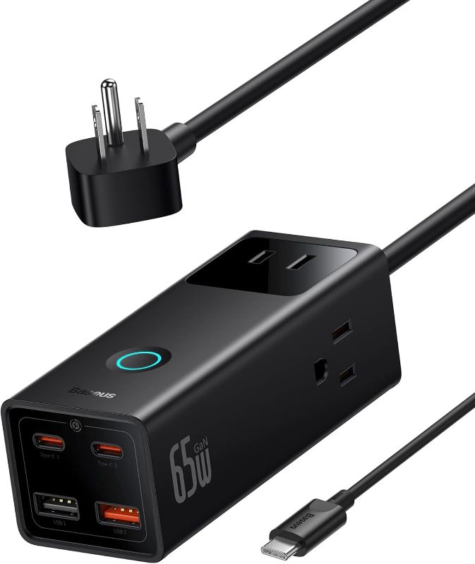 Photo 1 of Baseus Power Strip Surge Protector 1200J - PD65W USB C Charger Extension Cord with 3 AC Outlets & 4 USB Port Fast Charging Charging Station for Office Dorm Room Home